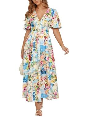 MAXIGERUI Blue Mediterranean Print V Neck Puff Sleeve Maxi Dress Lemons Boats XL